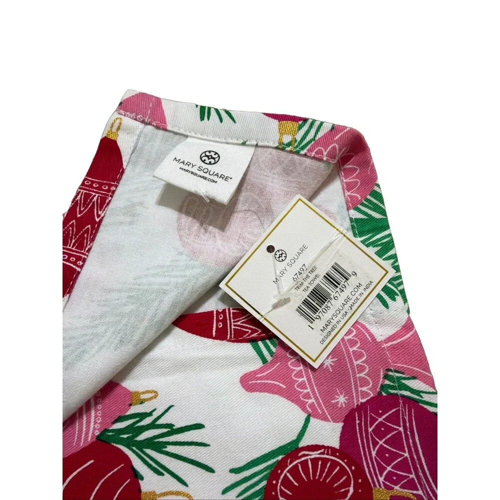 Mary Square Trim Tree Tea Towel Ornaments Pink & Red Shiny Bright 26”x18”
